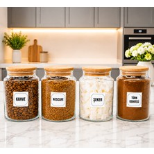 Mafa Home 4'lü Ahşap Vakum Kapaklı Cam Şeker Kahve Türk Kahvesi Hazır Kahve Saklama Kavanozu Seti 800 ml Etiket Hediyeli