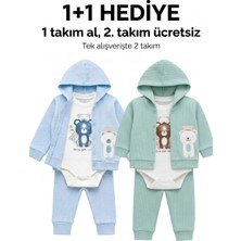 Lika&Nika %100 Erkek Bebek 3'lü Takım Kapüşonlu Hırka Body Pantolon Seti Yenidoğan Bebek Kıyafeti Alt Üst Takım Pamuklu