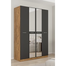Aeka AE-3191 Burç Atlantik Çam/antrasit Aynalı 4 Kapaklı Çok Bölmeli Askılı Raflı ve Çekmeceli 210X140X53CM Gardırop