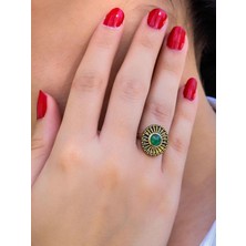 Esha Store Doğal Taş Yeşil Akik Yuvarlak Doğal Taşlı Antik Model Kadın Ayarlanabillir Yüzük EUY70YA