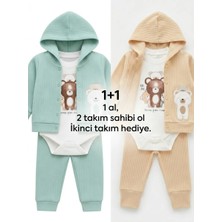 Lika&Nika Erkek Bebek 3'lü Takım Kapüşonlu Hırka Body Pantolon Seti Yenidoğan Bebek Kıyafeti Alt Üst Takım Pamuklu