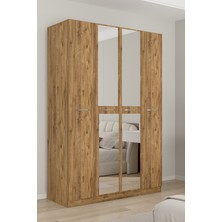 Aeka AE-3191 Burç Atlantik Çam/atlantik Çam Aynalı 4 Kapaklı Çok Bölmeli Askılı Raflı ve Çekmeceli 210X140X53CM Gardırop