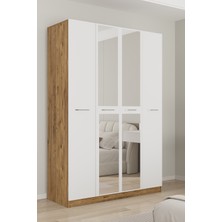 Aeka AE-3191 Burç Atlantik Çam/beyaz Aynalı 4 Kapaklı Çok Bölmeli Askılı Raflı ve Çekmeceli 210X140X53CM Gardırop