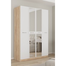 Aeka AE-3191 Burç Sonomo/beyaz Aynalı 4 Kapaklı Çok Bölmeli Askılı Raflı ve Çekmeceli 210X140X53CM Gardırop
