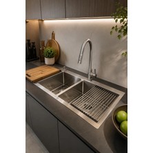 Banyo Master 304 Çelik Çift Gözlü Premium Tasarım Eviye Seti Tezgah Üstü 84x48 cm