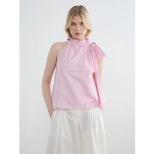 LC Waikiki Pembe Halter Yaka Ekose Fiyonk Detaylı Bluz