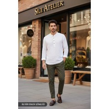 Sile Atelier Erkek Beyaz Flamlı Keten Hakim Yaka Gömlek Yazlık Rahat