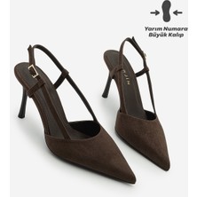 Marjin Kadın Stiletto Sivri Burun Arkası Açık Bilekten Bantlı Klasik Topuklu Ayakkabı Tandor Kahve Süet