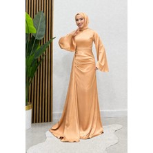 Arabella Pelerinli Saten Kumaş Balık Model Tesettür Abiye- Kavun