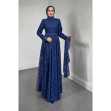 Zelal Kuşaklı Dantel Kumaş Astarlı Tesettür Abiye- Indigo