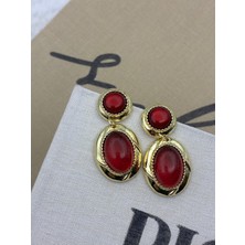 Hedef Bijuteri Bordo Taşlı Gold Detaylı Vintage Oval Model Sallantılı Tasarım Küpe