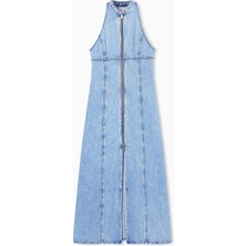 Armani Exchange Kadın Denim Kumaş Kolsuz Fermuar Kapama Uzun Boy Mavi Elbise XW002261 AF21338-MB001