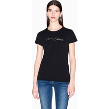 Armani Exchange Kadın Bisiklet Yaka Kısa Kol Pamuklu Önü Yazı Desenli Siyah T-Shirt XW001457 AF10356-MC021