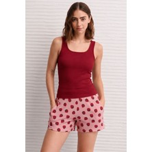 Nisanca Kadın Çilek Desenli Şortlu Pijama Takımı Bordo Basic Atletli Ev Giyim- Rahat Yazlık Takım