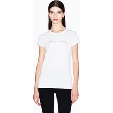 Armani Exchange Kadın Bisiklet Yaka Kısa Kol Pamuklu Önü Yazı Desenli Beyaz T-Shirt XW001457 AF10356-U0002