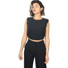 Kadın Kolsuz Beli Lastikli Crop Siyah Bluz NAAR91323-SİYAH