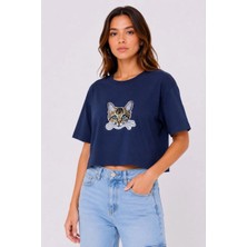 Alfanora Kadın Kedi Baskılı Oversize Crop Tişört Salaş Basic Yarım Kol T-Shirt - Lacivert