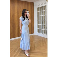 Ans Butik Kadın Omzu Vatkalı Mavi Keten Elbise