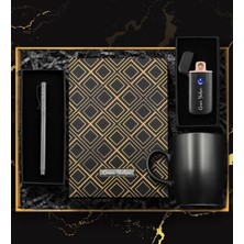 vegahediye v vega Kişiye Özel Dokunmatik Siyah USB Çakmak & Roller Kalem & Siyah Defter & Siyah Kupa Premium Hediye Seti