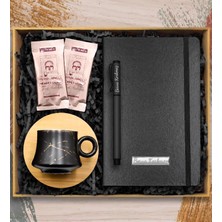 vegahediye v vega Kişiye Özel Roller Kalem & Siyah Defter & Bambulu Mermer Desenli Fincan & 2'li Mehmet Efendi Kahve Hediye Seti (Model 1)