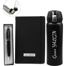 vegahediye v vega Kişiye Özel Kilitli Çelik Termos & 32 GB Siyah USB Touchpen Kalem & Siyah Defter Hediye Seti (Model 1)