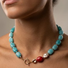 THEIA GemWorks Anemo - Mavi Kuvars, Barok Inci ve Mercan Taşlı El Yapımı Kolye