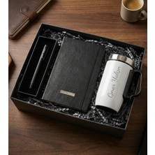 vegahediye v vega Kişiye Özel Beyaz Çelik Bardak Termos & Isme Özel Siyah Defter & Roller Kalem Hediye Seti