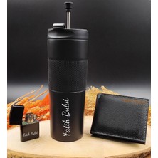 vegahediye v vega Kişiye Özel Siyah French Pressli Çelik Termos & Erkek Cüzdan & Zippo Çakmak Hediye Seti