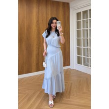 Ans Butik Kadın Omzu Vatkalı Mavi Keten Elbise