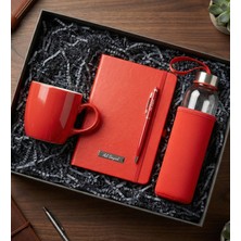 vegahediye v vega Kişisel Ofis Kutusu (Kişiye Özel Defter & Touchpen Kalem & Kılıflı Cam Matara & Kupa Bardak Ofis Hediye Seti) (Kırmızı)