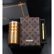 vegahediye v vega Kişiye Özel Gold Geometrik Termos & Gold Kareli Defter & Gold Kalem - Ofis Hediye Seti