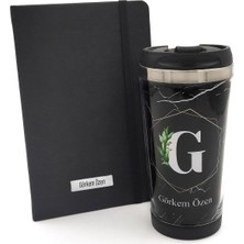 vegahediye v vega Kişiye Özel Tasarım Mermer Desenli Çelik Termos & Kişiye Özel Siyah Defter Hediye Seti (Model 1)