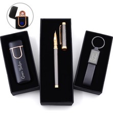 vegahediye v vega Kişiye Özel Füme Dolma Kalem & Siyah USB Şarjlı ve Dokunmatik Çakmak & Anahtarlık Hediye Seti