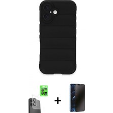 İlk El Grup Pilelistore™ iPhone 16 Kılıf Atlas Koleksiyonu - Siyah 3D Antistatik Hayalet Cam Ekran Koruyucu + Raze Metal Kamera Lens - Sh
