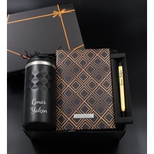 vegahediye v vega Kişiye Özel Siyah Geometrik Termos & Gold Kareli Defter & Gold Kalem - Ofis Hediye Seti
