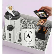 vegahediye v vega Kişiye Özel 9 Fotoğraflı Akordiyon Kutu Albüm & Beyaz Coffee Dereceli Termos 440ML. & Kupa Hediye Seti
