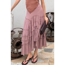 Nana & Mayka Moda Kadın Mürdüm Gofre Fırfırlı Uzun Etek – Astarlı, Iç Göstermez, Yazlık, Volanlı