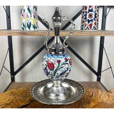 Çini Evi Kırmızı Lale ve Çiçek Motifli Iznik Çini Ibrik Seti