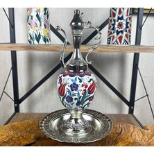 Çini Evi Geleneksel Lale ve Çiçek Motifli Gümüş Kaplama Iznik Çini Ibrik Seti