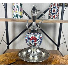 Çini Evi Kırmızı Karanfil Motifli Gümüş Kaplama Iznik Çini Ibrik Seti