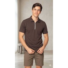Beystil Erkek Kahve Slim Fit Yarım Fermuarlı T-Şhirt 263471