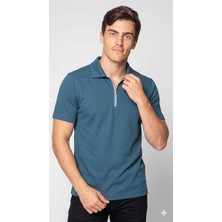 Beystil Erkek Petrol Rengi Slim Fit Yarım Fermuarlı T-Şhirt 263471