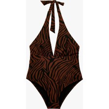 Koton Boyundan Bağlamalı Zebra Desenli Halter Yaka Mayo