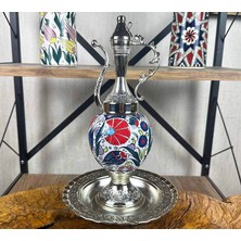 Çini Evi Kırmızı Karanfil ve Mavi Lale Motifli Gümüş Kaplama Iznik Çini Ibrik Seti