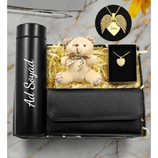 vegahediye v vega Kişiye Özel Dereceli Termos & Isme Özel Açılır Melek Kanat Kolye & Kadın Cüzdan & Mini Peluş Ayıcık Hediye Seti