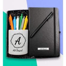 vegahediye v vega Kişiye Özel Tasarım Porselen Kalemlik & Siyah Defter & Roller Kalem & 6'lı Renkli Kalem Hediye Seti