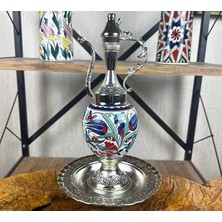 Çini Evi Lacivert Lale ve Kırmızı Karanfil Motifli Gümüş Kaplama Iznik Çini Ibrik Seti