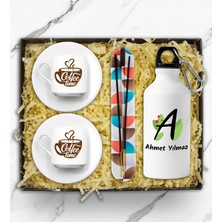vegahediye v vega Kişiye Özel Kancalı Matara & 2'li Coffe Time Baskılı Türk Kahve Fincanı & Tütsü Hediye Seti