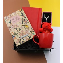 vegahediye v vega Kişiye Özel Ikili Defter ( Kırmızı & Kuş Motifli ) & Kırmızı Kupa & Ayıcık Anahtarlık & Mikail Melek Kolye Hediye Seti