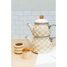 UltraMint Beige Dama Desenli Emaye Çaydanlık, Tüm Ocaklara Uygun, Şık ve Dayanıklı